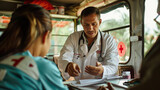 A doctor volunteering in a mobile clinic, providing essential medical care to underserved populations in rural areas — caring and love, mercy and kindness, happiness and joy