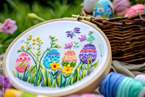 Handmade Easter background with embroidered colored eggs. Generative AI