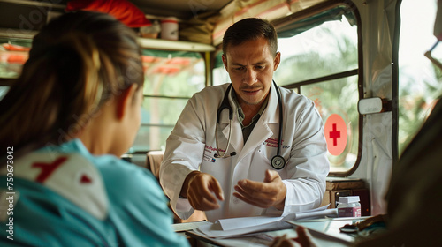 A doctor volunteering in a mobile clinic, providing essential medical care to underserved populations in rural areas — caring and love, mercy and kindness, happiness and joy #750673042
