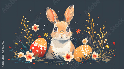 Folklore Bunny: Vintage Graphic Decoration for Easter Greetings, Dark Blue Background