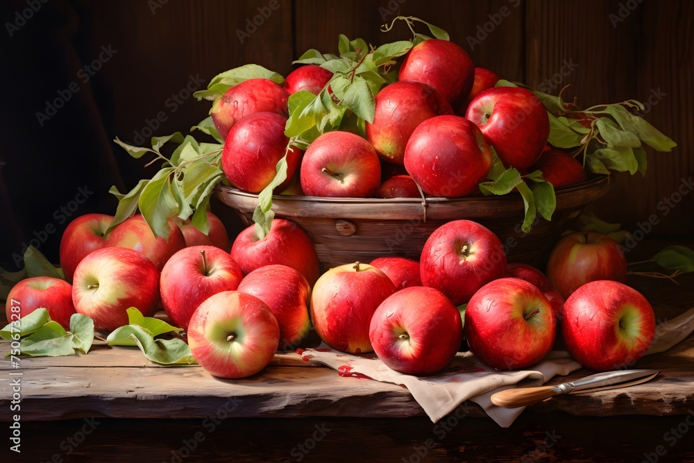Red apples in a basket on the wooden table. Red apples in a basket on the wooden table.