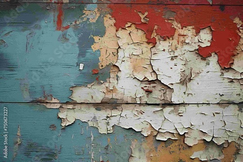 Peeling paint on a rustic wooden surface photo