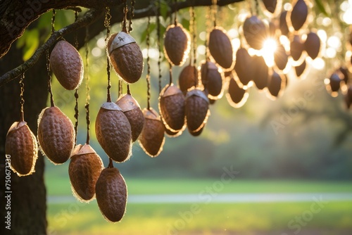 Pecans nestled in tree nooks, dawn dew photo