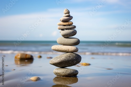 Perfectly stacked stones on the shore, forming a natural zen garden