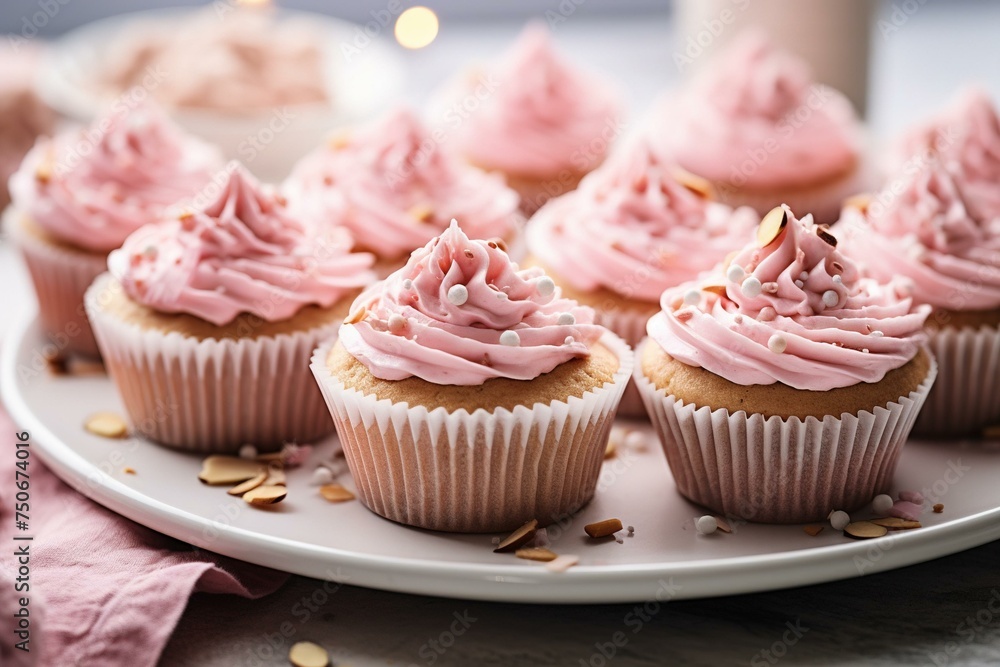 Pink frosted almond muffins with slivered nuts
