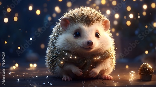 hedgehog on the night sky, "A digital art masterpiece of a cute little hedgehog, surrounded by sparkling lights and a Pinterest-worthy rendering, with an incredible level of detail and a touch of magi