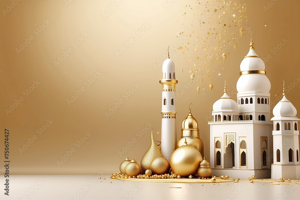 Eid Mubarak simple elegant and luxury with a mosque gold and 3d islamic ...