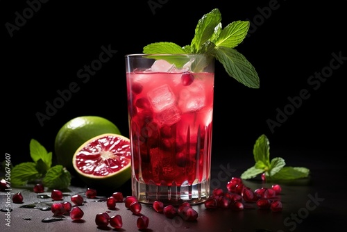 Pomegranate mojito with mint sprig garnish