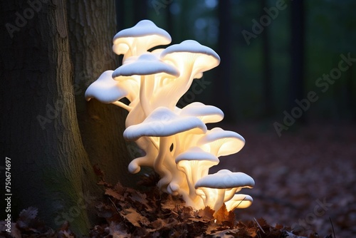 Porcelain fungus cluster on beech wood at dusk photo