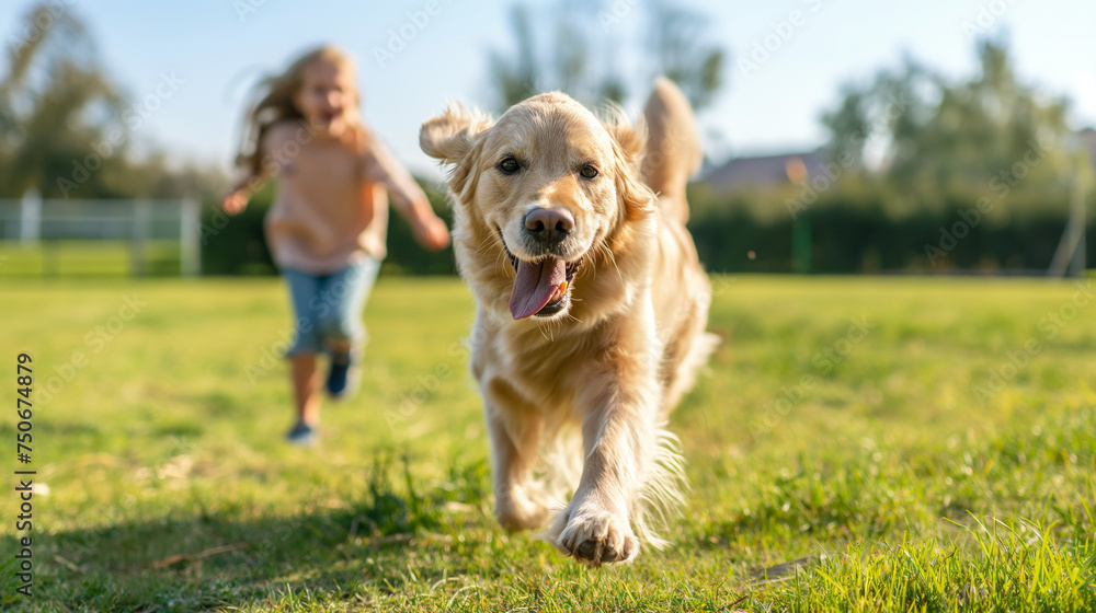 kid girl play with fun with cute dog, pet, run together on grass in playground as happiness and playful in summer with background of home kid girl play with fun with cute dog, pet, run together on grass in playground as happiness and playful in summer with background of home