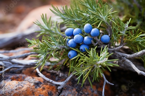 Prickly juniper shrub needles with a single blue berry photo