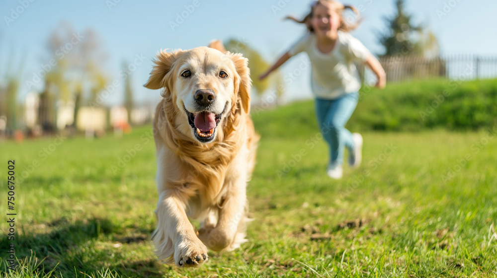 kid girl play with fun with cute dog, pet, run together on grass in playground as happiness and playful in summer with background of home kid girl play with fun with cute dog, pet, run together on grass in playground as happiness and playful in summer with background of home