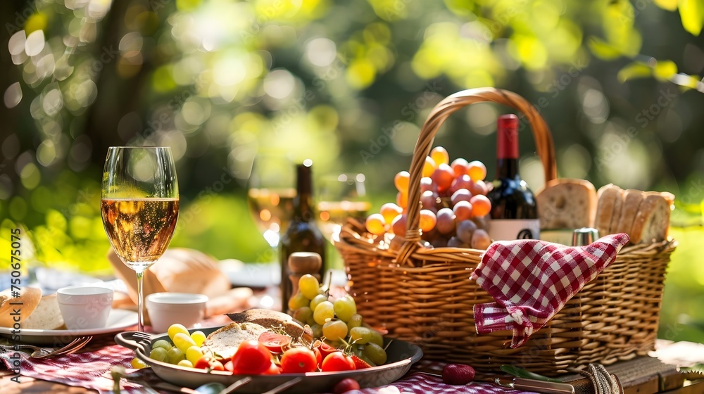 Outdoor picnic scene with wine and bread - A serene picnic setup with wine glasses, a basket of bread, fresh fruits, in a sun-dappled outdoor setting implying relaxation and enjoyment