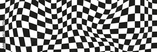 Black and white trendy checker board square texture illustration. Distorted geometric square background in vintage psychedelic y2k style.
