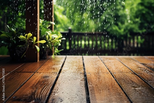 Rain splashing on a wooden deck