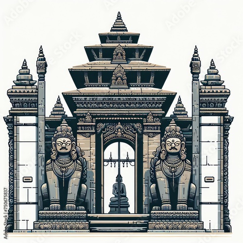 A close-up depiction of a weathered stone entrance gate to a Nepali temple, adorned with intricate carvings and guardian statues. photo