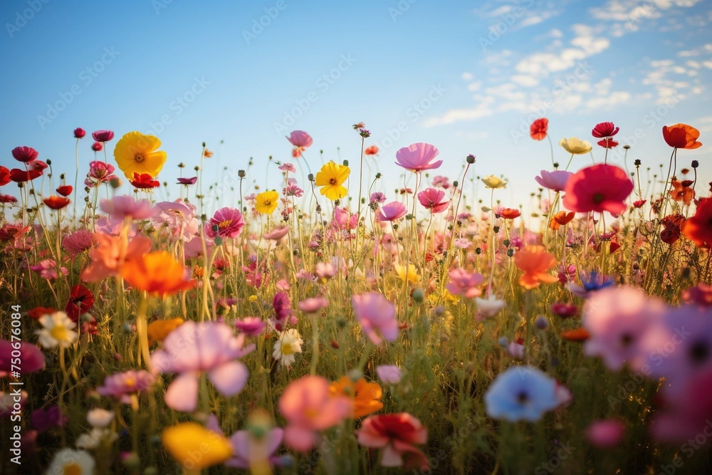 Obraz premium Rainbow of wildflowers creating a natural color gradient across the field