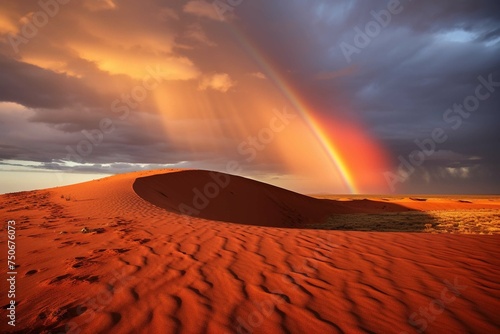 Rainbow cresting over red sand dunes at sunset photo