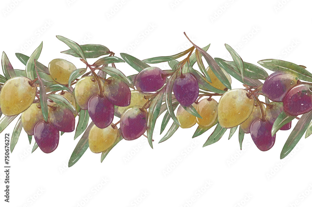 Watercolor olive tree branch set with leaves and green olives. Hand ...