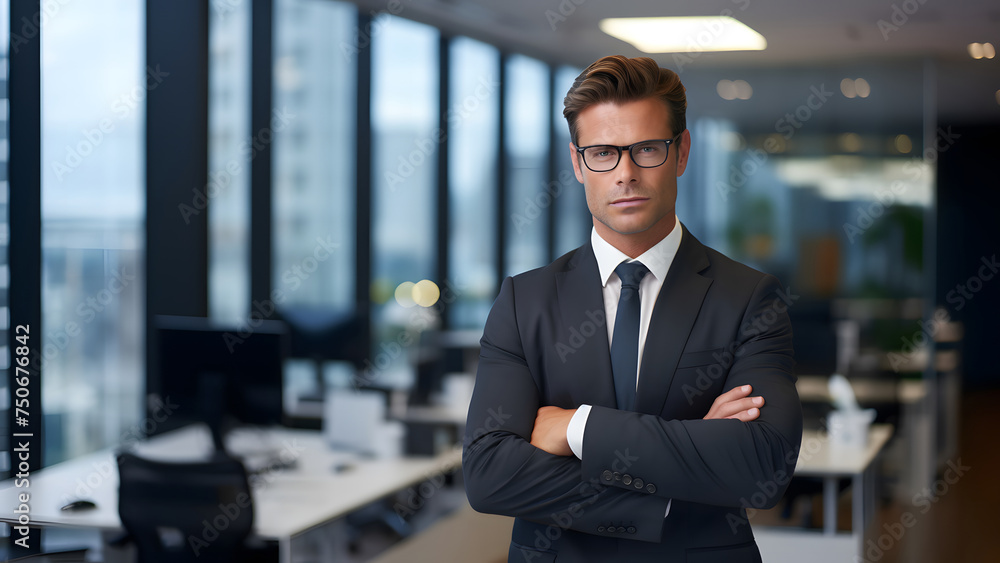 Professional businessman with arms crossed standing in blurred office view background, copy space
