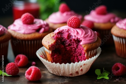 Raspberry pink velvet muffins with cream cheese photo