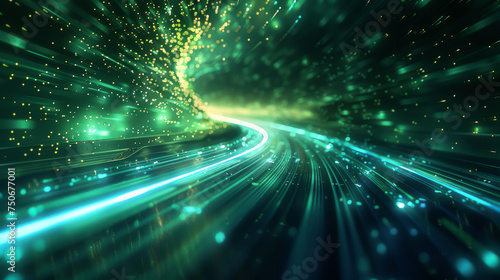 Abstract futuristic background, blending high-speed light trails with a technological essence, in cool tones of blue and green