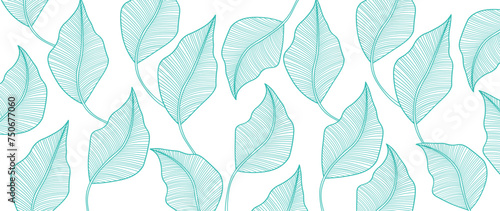 Tropical leaves wallpaper, Luxury nature leaf pattern design, botanical foliage lines. Hand drawn outline fabric, print, cover, banner and invitation,