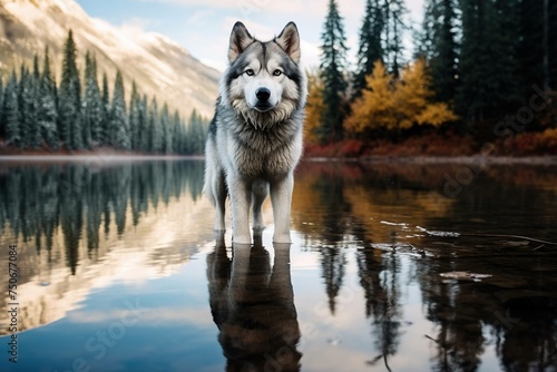 Reflection of a Husky in a crystal-clear lake surrounded by trees