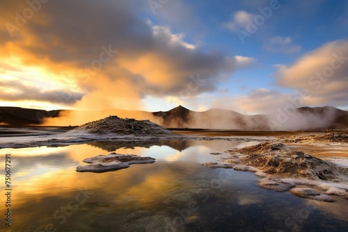 Reflection of geothermal steam clouds in a tranquil pool