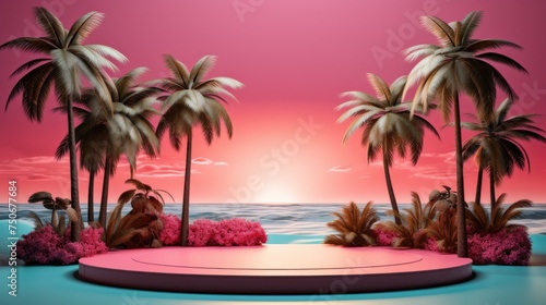 Tropical product placement podium stage with summer beach palm tree  Bright color  ultra realistic  vibrant colors  