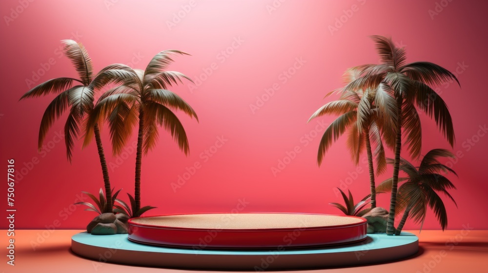 Tropical product placement podium stage with summer beach palm tree, Bright color, ultra realistic, vibrant colors  