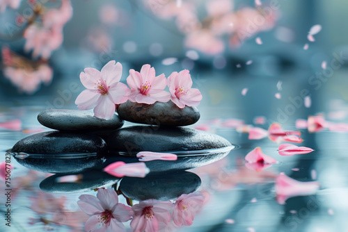 Close-up shot of serene Japanese Zen garden with rocks  sakura and water pond