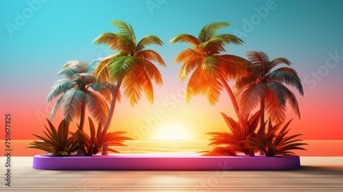 Tropical product placement podium stage with summer beach palm tree, Bright color, ultra realistic, vibrant colors 