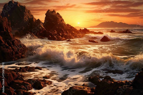 Rocky coastline with waves crashing, illuminated by the golden light of sunset