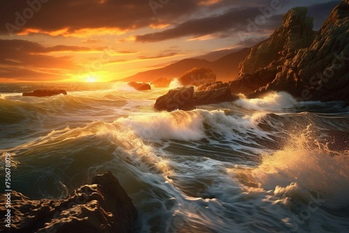 Rocky coastline with waves crashing, illuminated by the golden light of sunset