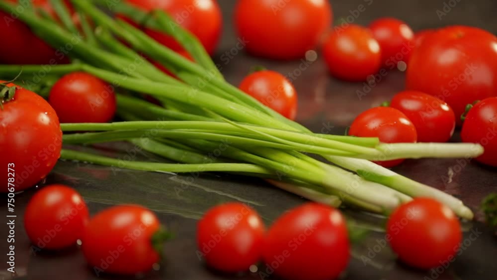 Green onions are served on the table with tomatoes. Small drops of water fly from it. High quality FullHD footage Green onions are served on the table with tomatoes. Small drops of water fly from it. High quality FullHD footage