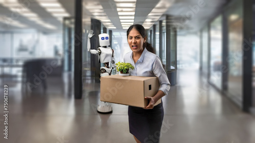 An upset woman carrying a box with a plant, followed by a waving robot in an office corridor. photo