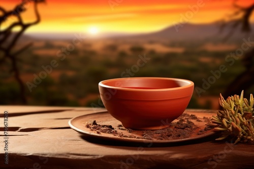 Rooibos red tea in a clay bowl with African savannah backdrop photo