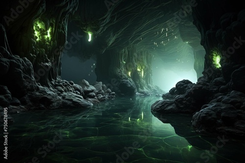Rugged sea caves illuminated by the shimmering light of bioluminescent algae