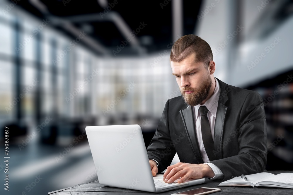 Smiling business sitting in office using laptop.