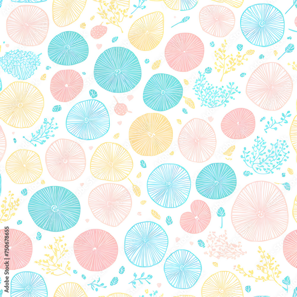 A pattern with natural elements in pleasant delicate shades on a white background.