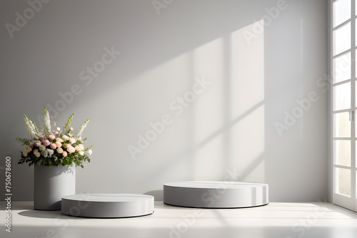 Podium silver circles for presentation under the shadow of flowers in a vase on a light pastel background. Playground AI platform