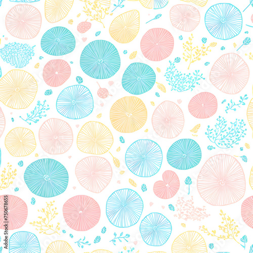 A pattern with natural elements in pleasant delicate shades on a white background.