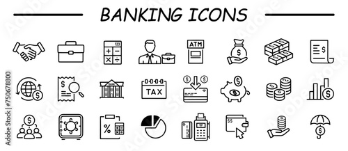 Outline web icon set - banking, money, finance, payments. Vector illustration