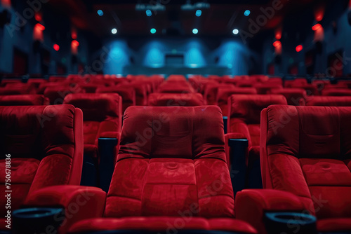 Cinematic Elegance: An Evening Overview Inside the Theatre, Luxurious Red Chairs Await in the Moody Glow of Dimmed Ambiance