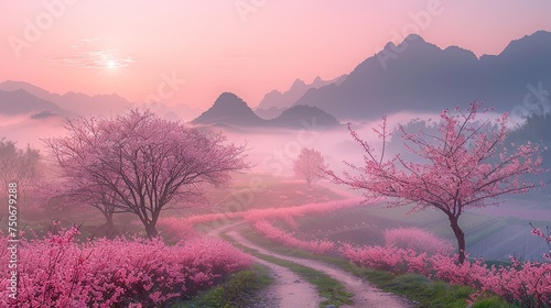 Foggy sunrise spring beauty  distant green mountains   mist  cherry blossoms  pink flower trees beautiful landscape