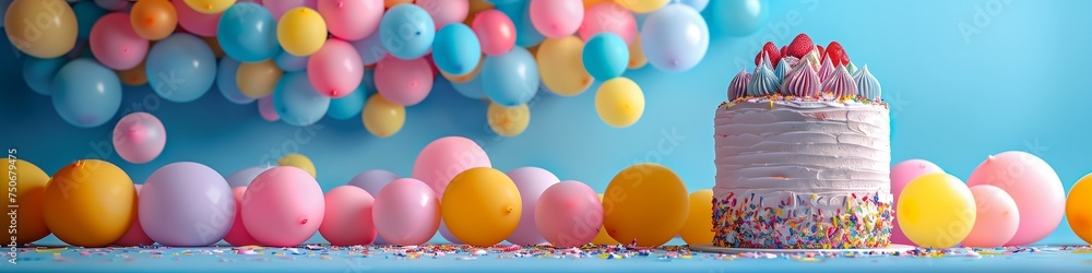 colorful birthday cake with flying balloons