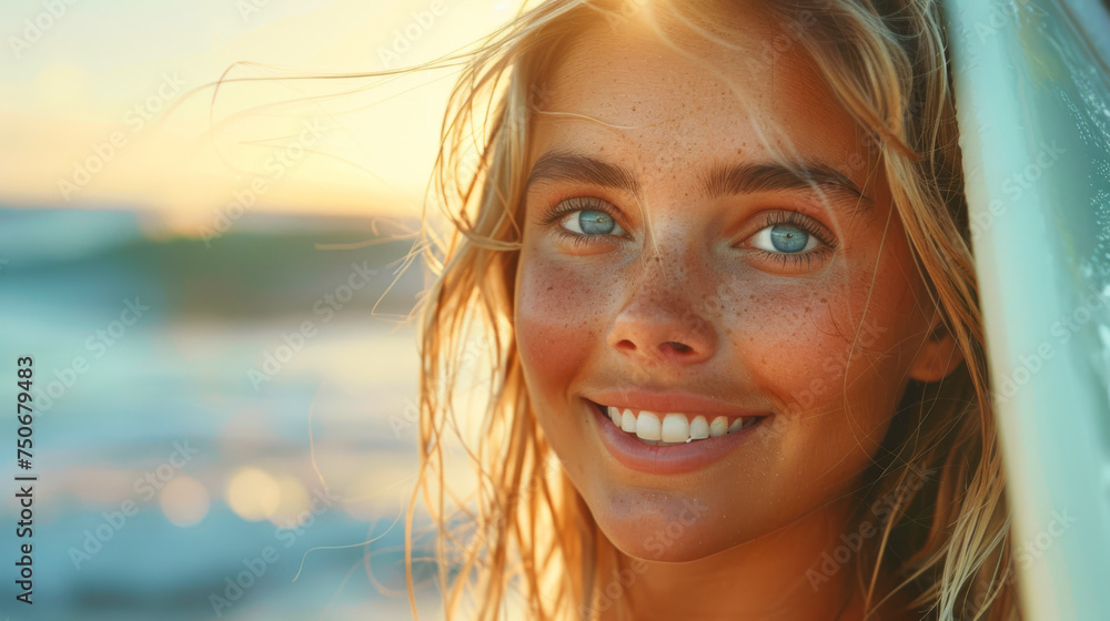 Woman athlete with surfboard among the waves on the beach, sport concept Woman athlete with surfboard among the waves on the beach, sport concept
