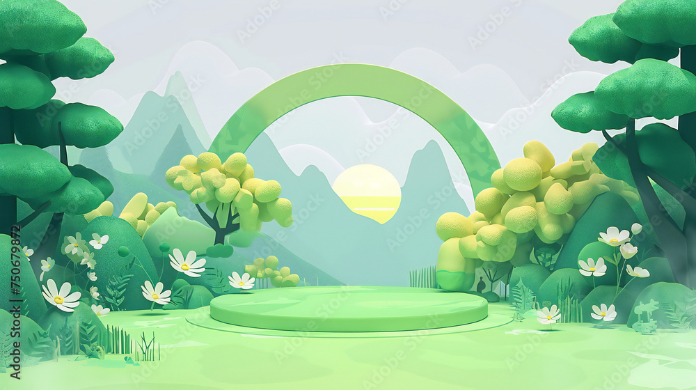 Fototapeta premium 3d summer podium with green grass and trees.