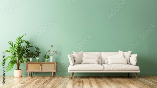 green mint wall with sofa & sideboard on wood floor-interior